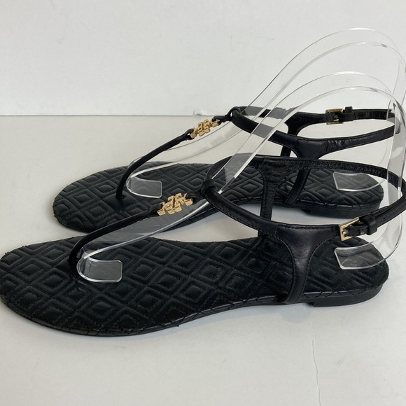 TORY BURCH Marion Quilted Black Leather T-Strap Gold Logo Sandals Size 8 Luxury - Picture 6 of 16
